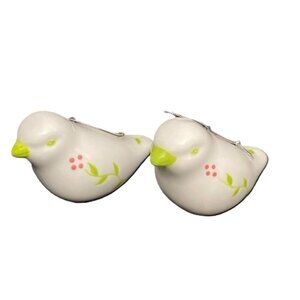 Ceramic Bird Ornaments Set of 2 White Green Pink